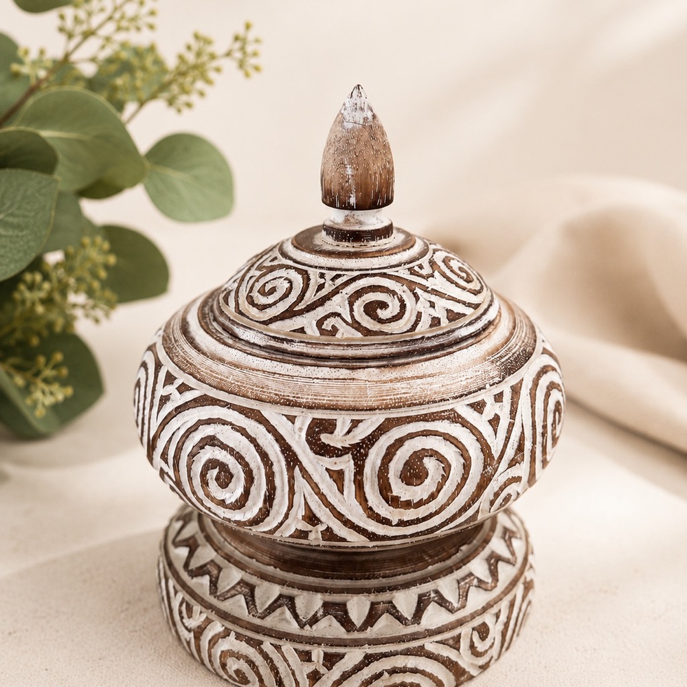 Carved Wood Decorative Jar with White Accent Swirls